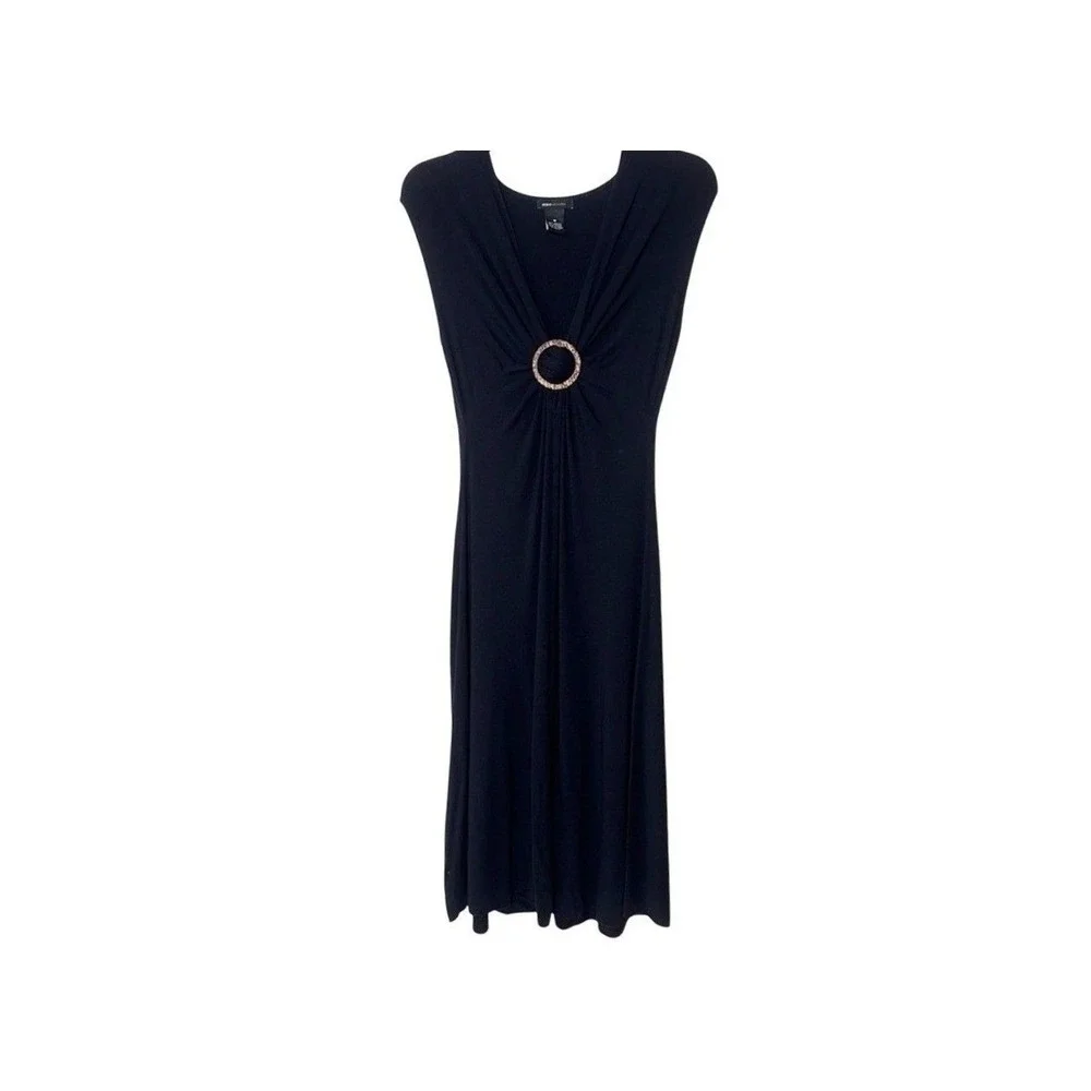 3/$20💥BCBGMaxAzria Black Midi Dress Cinched Waist Bamboo‎ Ring Accent M Stretch